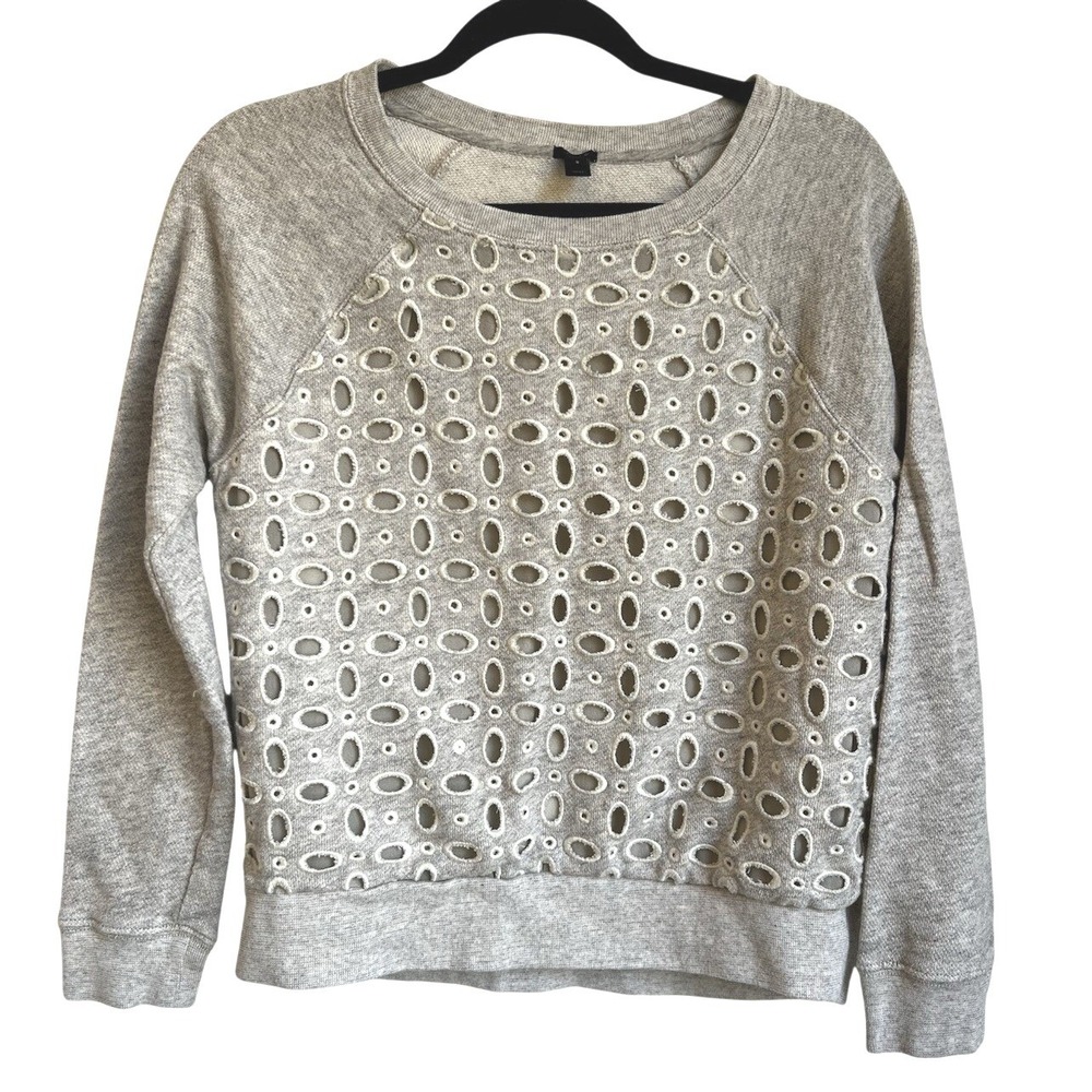 J.Crew Grey Eyelet‎ Silk Lined Sweatshirt Womens Small Raglan Pullover Hamptons
